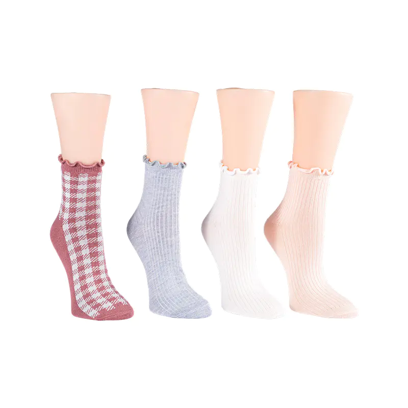 পাঁজর ডব্লিউ/ এমব্রয়ডারি করা ফুল/ জিংহামলেটুস ওয়েল্ট অ্যাঙ্কলেট 4ppk মোজা